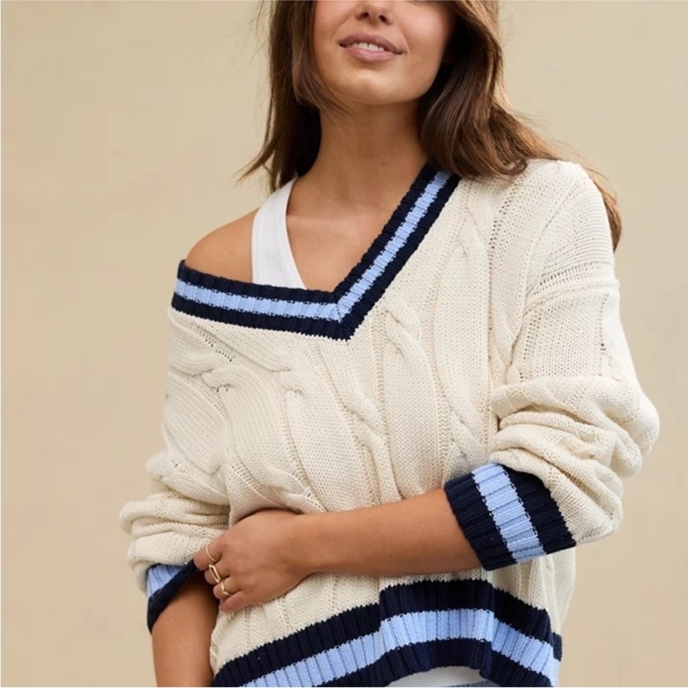 Aerie V-neck Varsity striped Cable‎ Knit Sweater NWT